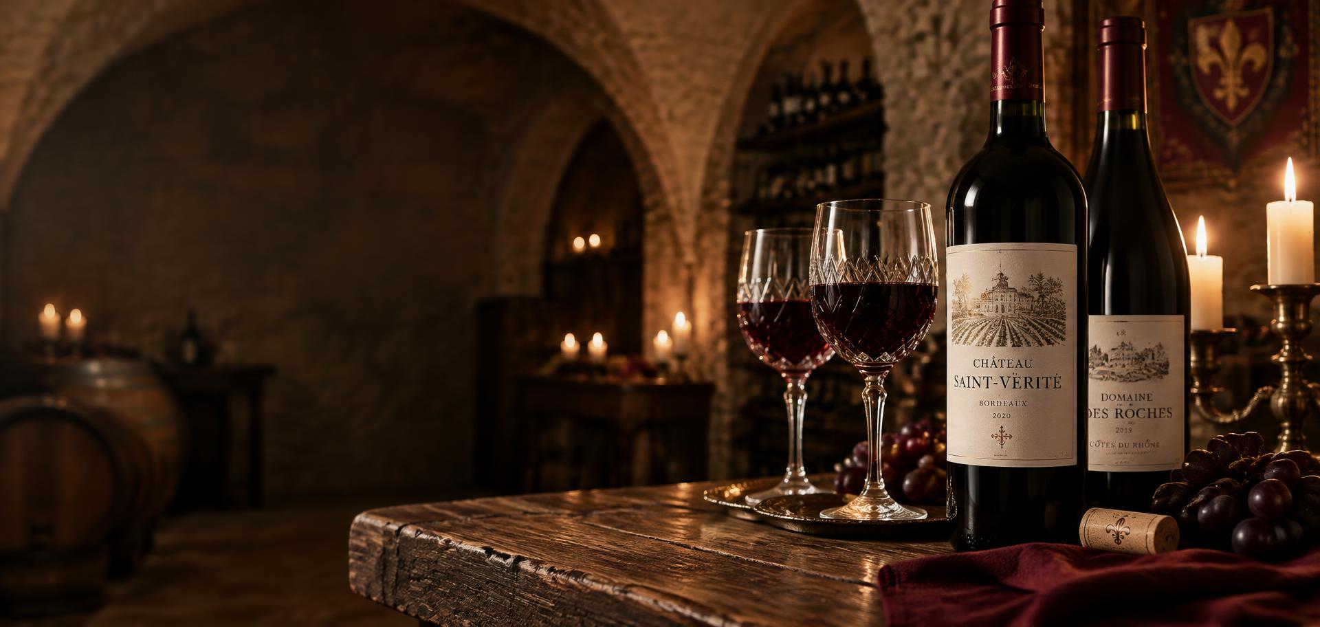 Bouteilles et verres dans une cave voûtée